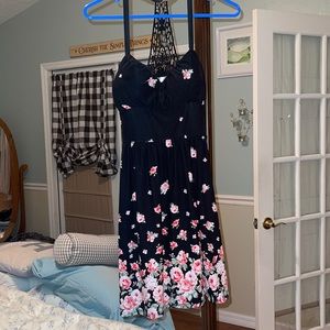 No Boundaries mini sundress black and pink floral t back with “lace” Small sz3-5